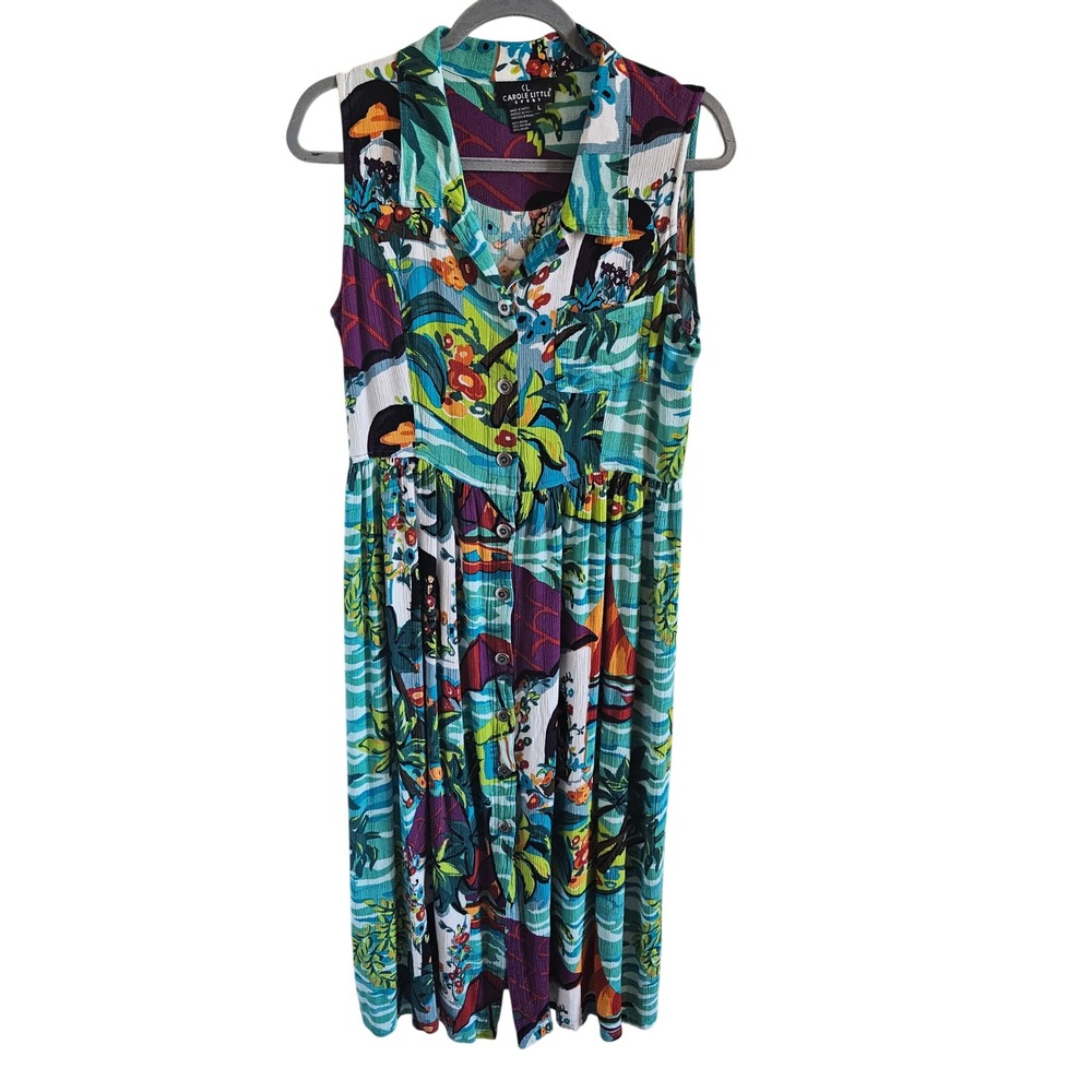 Carole Little Sport Vintage Tropical Island Print Rayon Sleeveless Midi Dress L